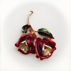 Red Rose Heart Floral Stem with Leaves Gold Plated Brooch *Valentines Gift*